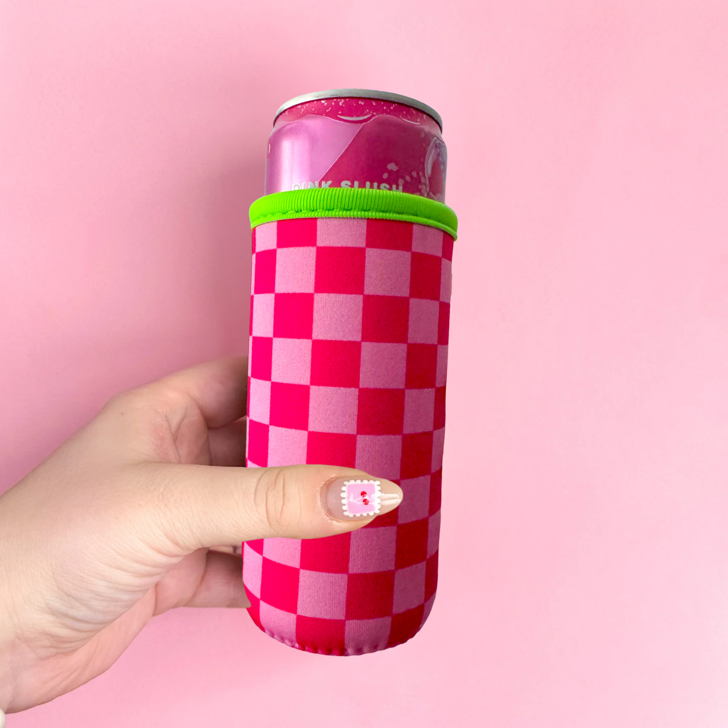 Pink Checkered SLIM CAN Koozie