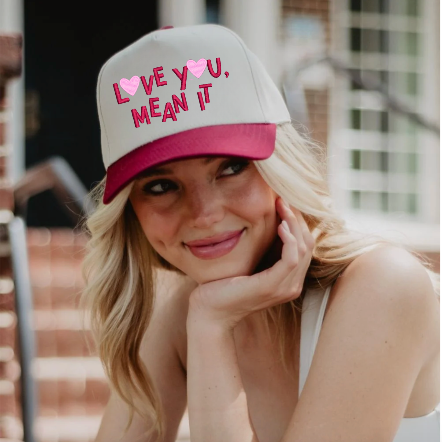 LOVE YOU, MEAN IT Vintage Two-Tone Embroidered Hat—Maroon