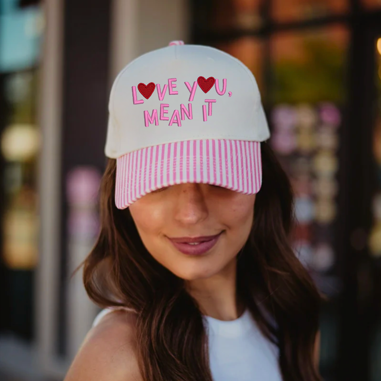 LOVE YOU, MEAN IT Vintage Two-Tone Embroidered Hat—Pink Stripe