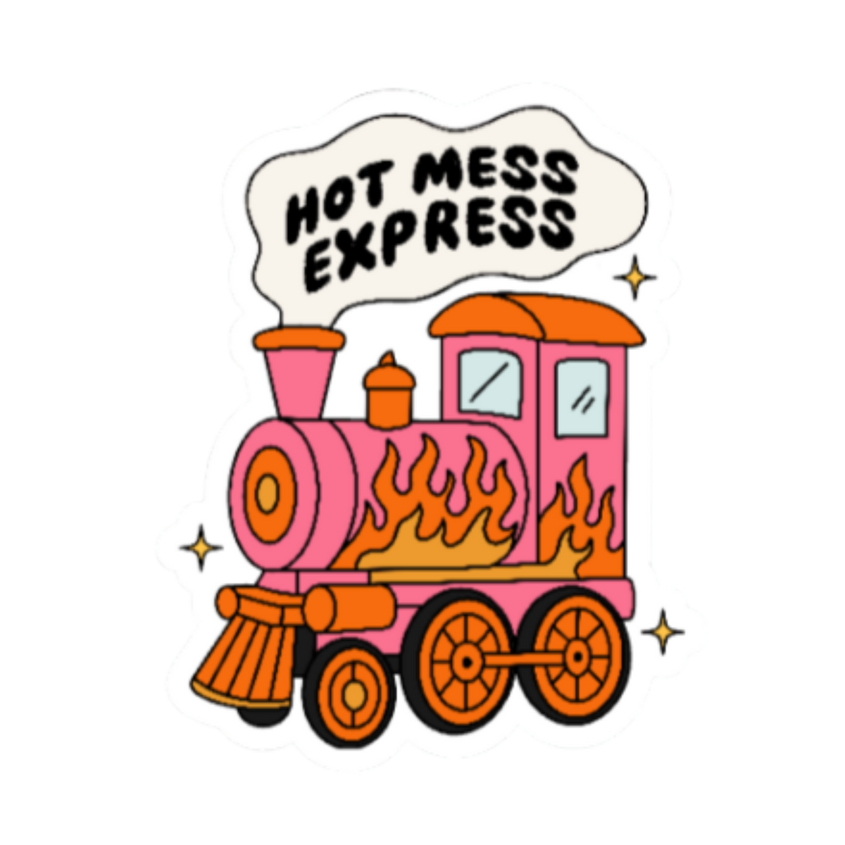 A cartoon-style pink train with orange flames and the words “HOT MESS EXPRESS” in a speech bubble, shown on a plain white background.