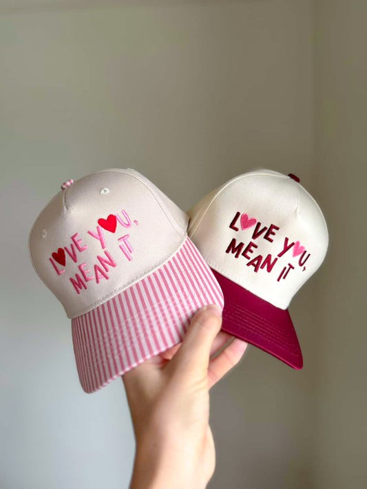 LOVE YOU, MEAN IT Vintage Two-Tone Embroidered Hat—Pink Stripe