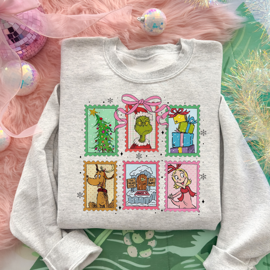 Vintage Gr inch Stamps Crewneck—Ash Gray