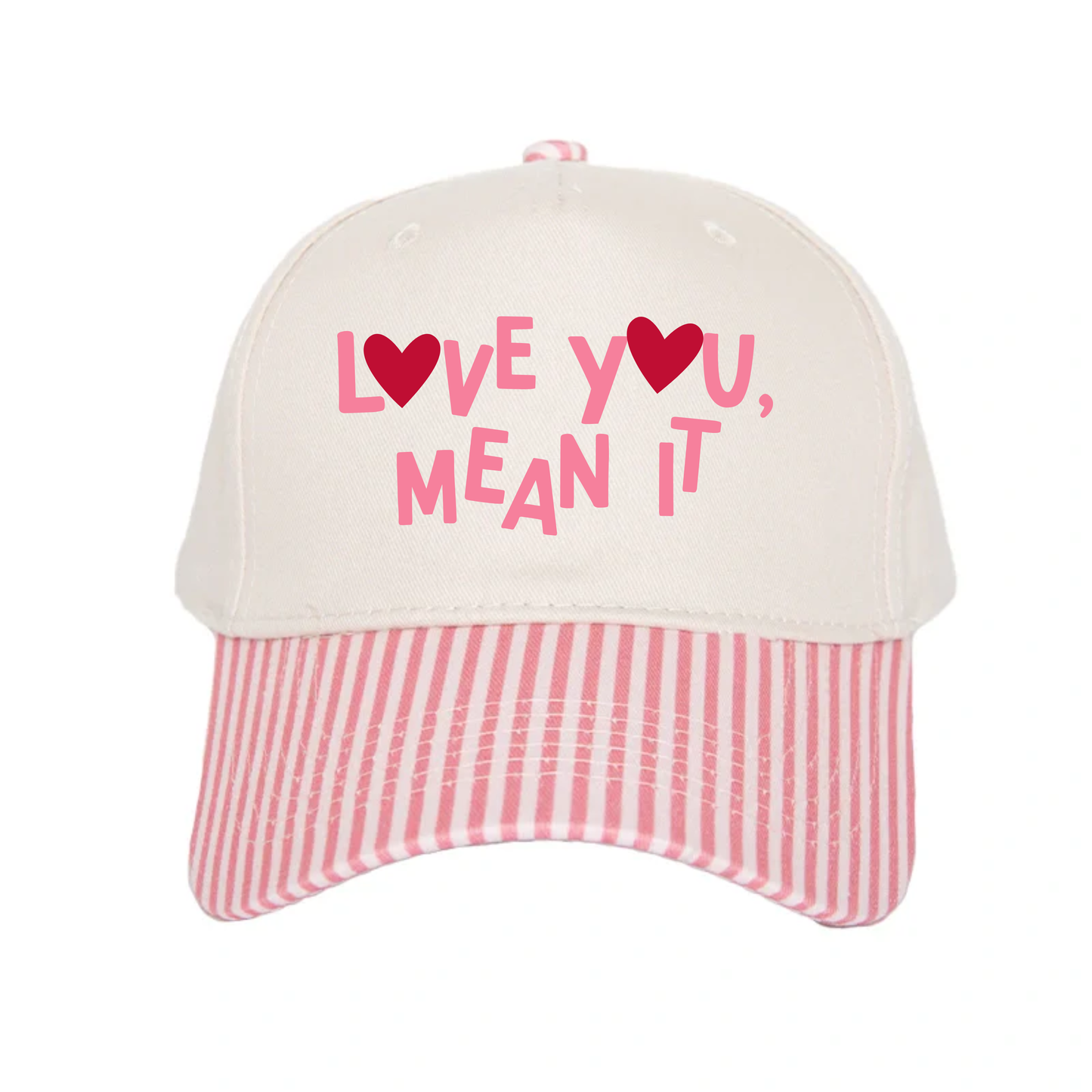 LOVE YOU, MEAN IT Vintage Two-Tone Embroidered Hat—Pink Stripe