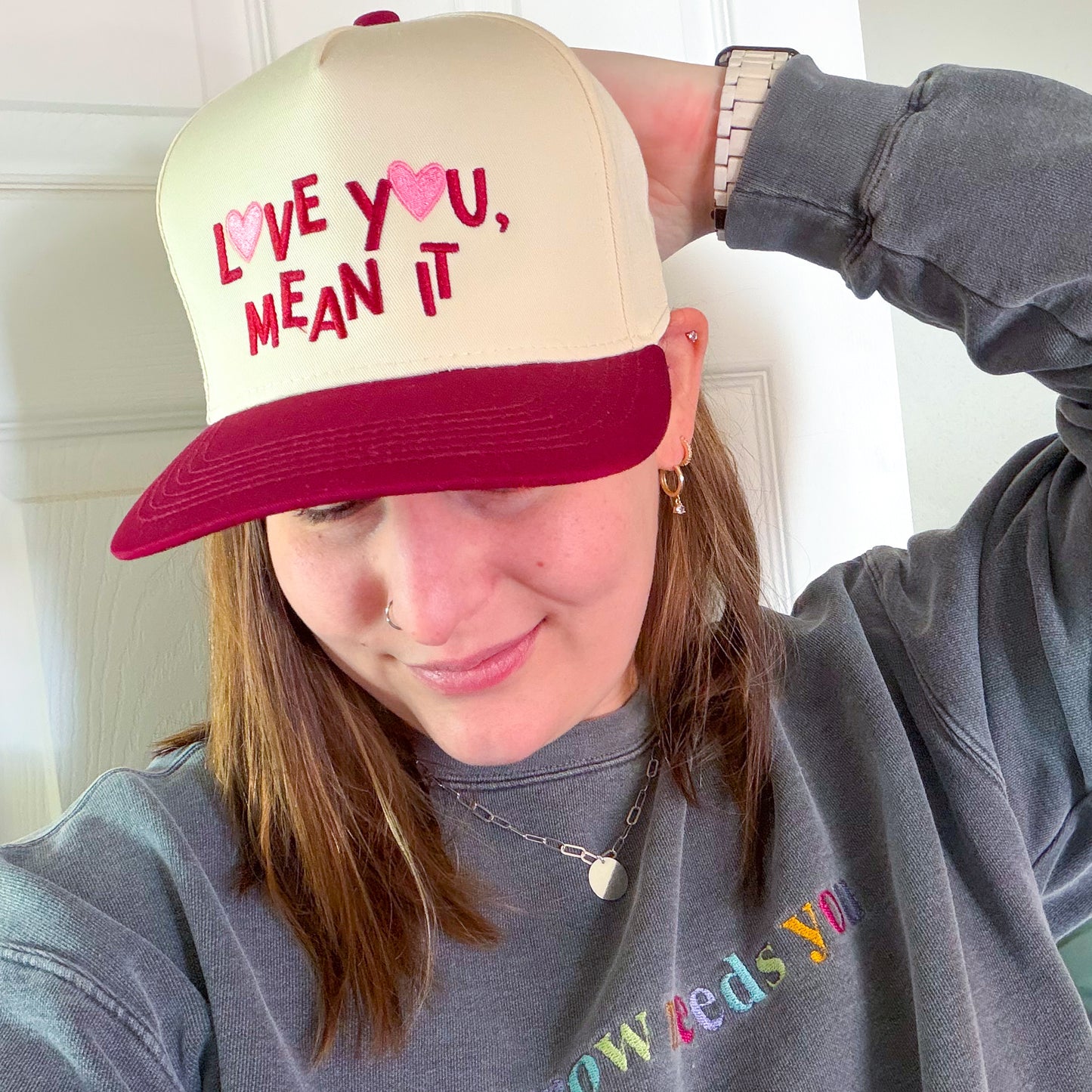 LOVE YOU, MEAN IT Vintage Two-Tone Embroidered Hat—Maroon