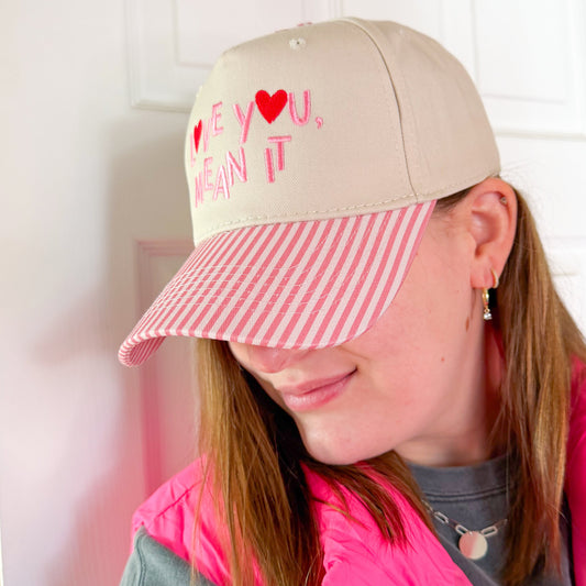 LOVE YOU, MEAN IT Vintage Two-Tone Embroidered Hat—Pink Stripe