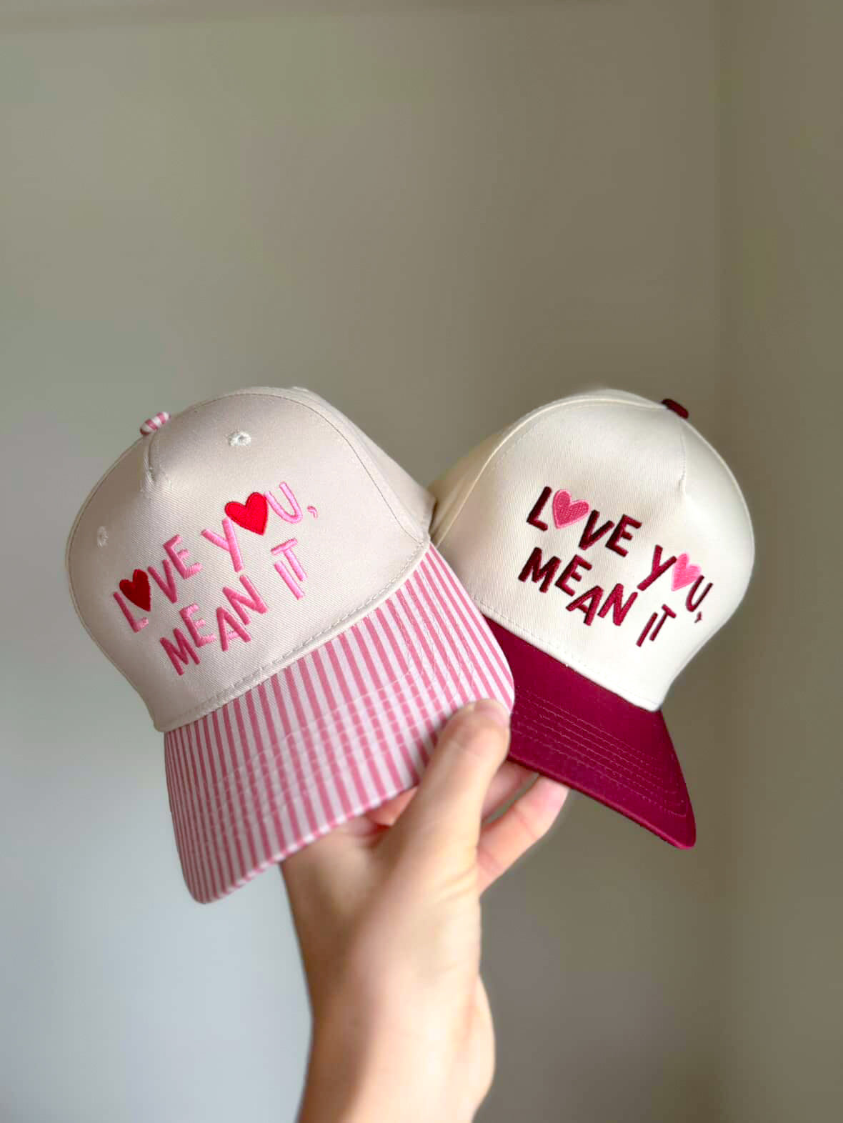 LOVE YOU, MEAN IT Vintage Two-Tone Embroidered Hat—Pink Stripe