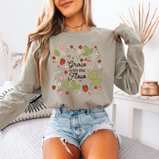 Grow With the Flow Strawberry Comfort Colors—SandstoneLong Sleeve Tee